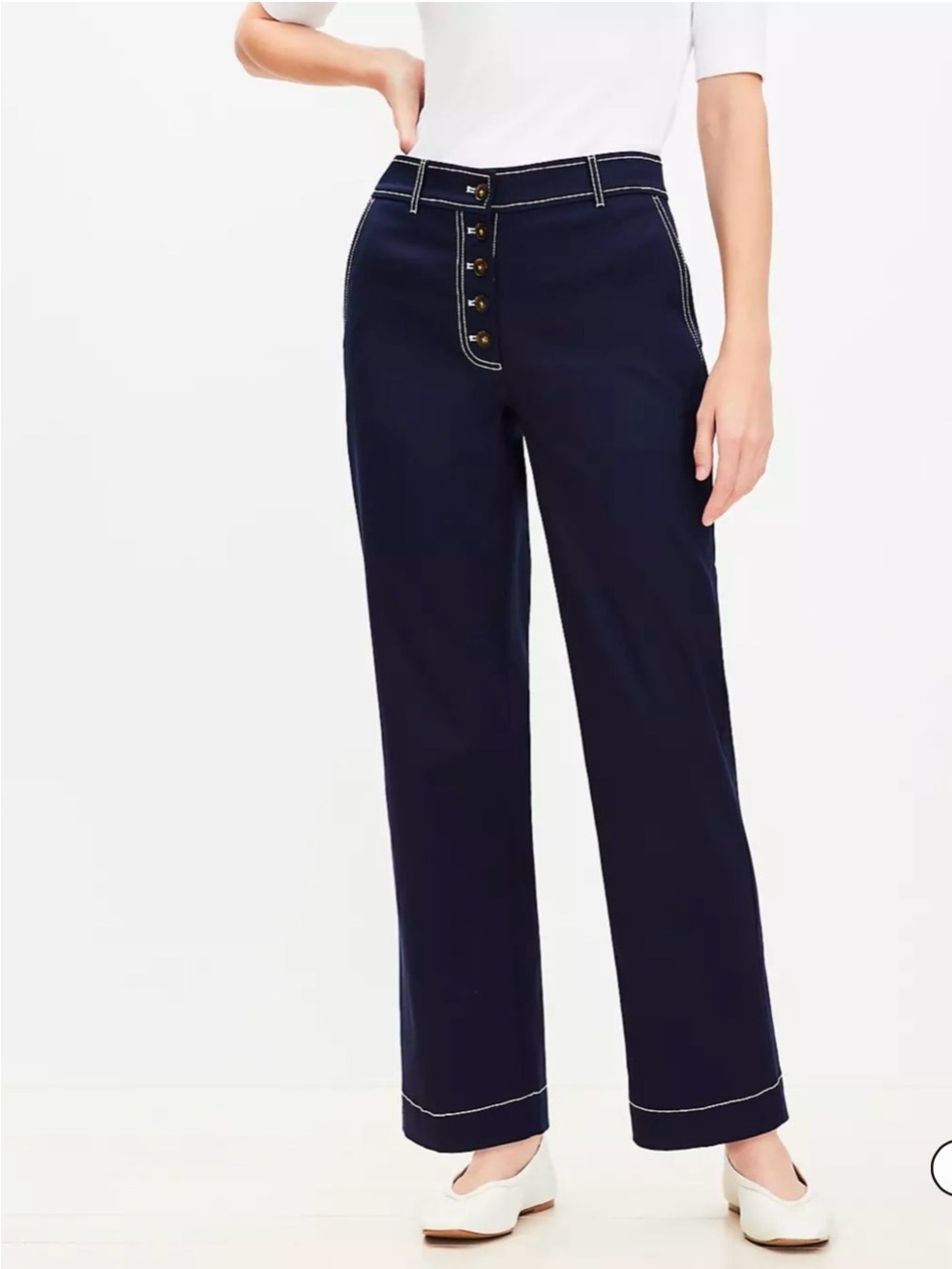 LOFT Navy Wide-Leg Button-Front Jeans with Contrast Stitching